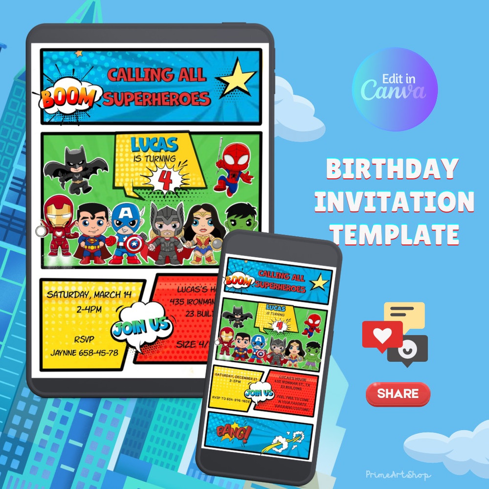 Avengers Baby Digital Invite Superhero Birthday Invitation Editable Invitation Card Comic Book Kids Birthday Template 1