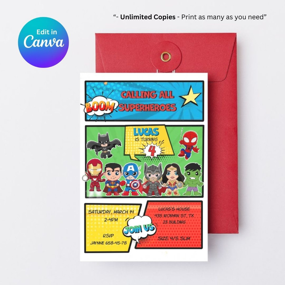 Avengers Baby Digital Invite Superhero Birthday Invitation Editable Invitation Card Comic Book Kids Birthday Template 4