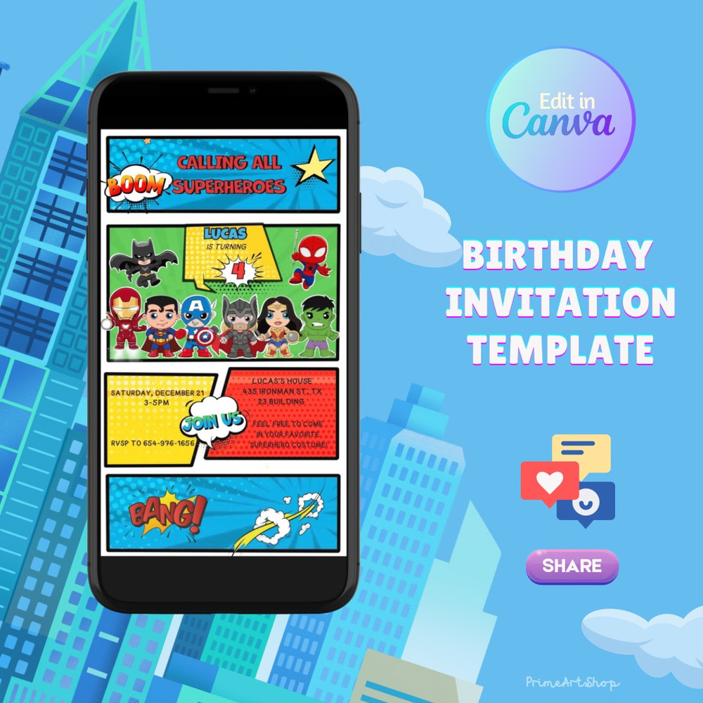 Avengers Baby Digital Invite Superhero Birthday Invitation Editable Invitation Card Comic Book Kids Birthday Template 8