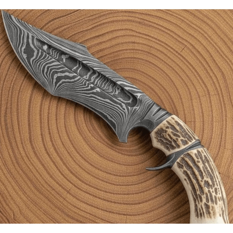 Damascus Hunting Bowie Knife Genuine Stag Antler Handle Full Tang Outdoor Survival Knife With Lea 1