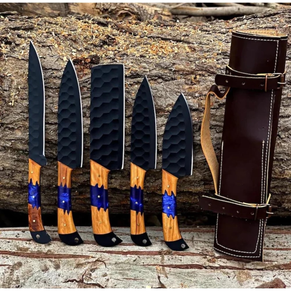 Forged Chef Knife Set 5 Piece Black Hammered Kitchen Knives With Wooden Handles 0