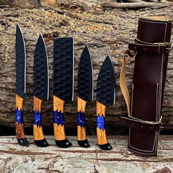forged chef knife set (5 piece) | black hammered kitchen knives with wooden handles