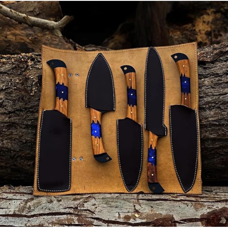 Forged Chef Knife Set 5 Piece Black Hammered Kitchen Knives With Wooden Handles 1