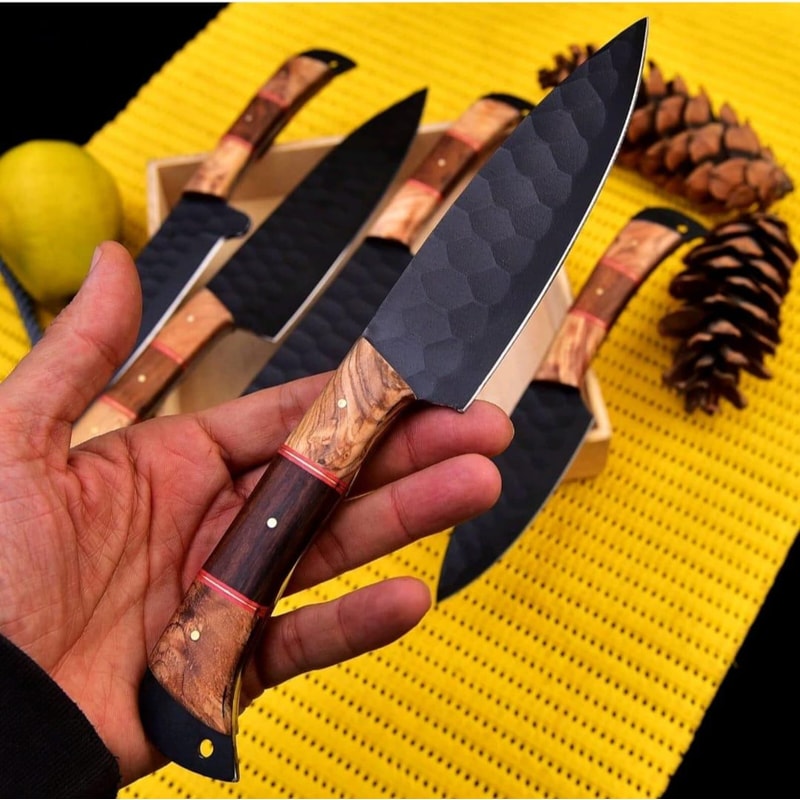 Forged Chef Knife Set 5 Piece Black Hammered Kitchen Knives With Wooden Handles Chef Gift 1