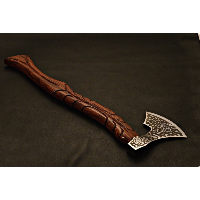 Handmade Viking Axe Etched Carbon Steel Blade With Rosewood Handle Display Piece Christmas Gift 1