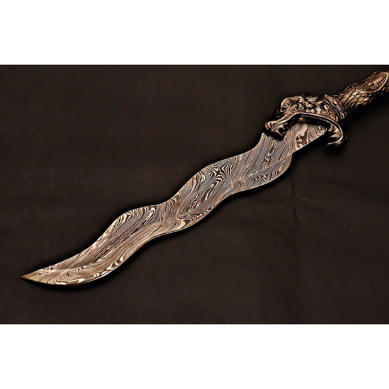 Handmade Damascus Sword Serpentine Blade With Leather Sheath Decorative Fantasy Blade Unique Wav 1