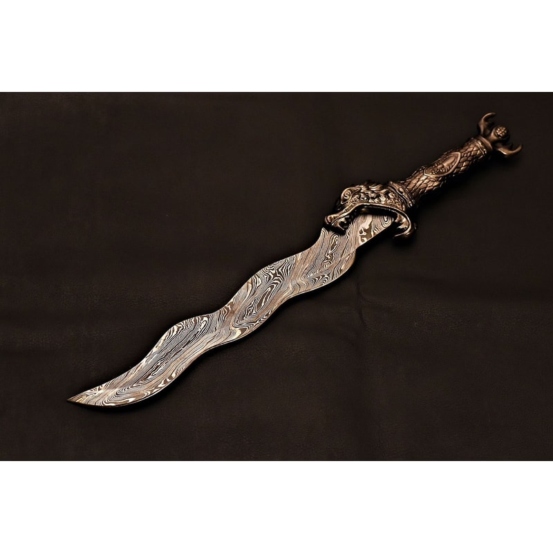 Handmade Damascus Sword Serpentine Blade With Leather Sheath Decorative Fantasy Blade Unique Wav 3