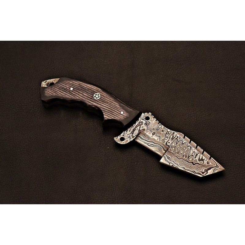 Bespoke Damascus Steel Knife Gray Wood Handle Fixed Blade Artisan Crafted 3