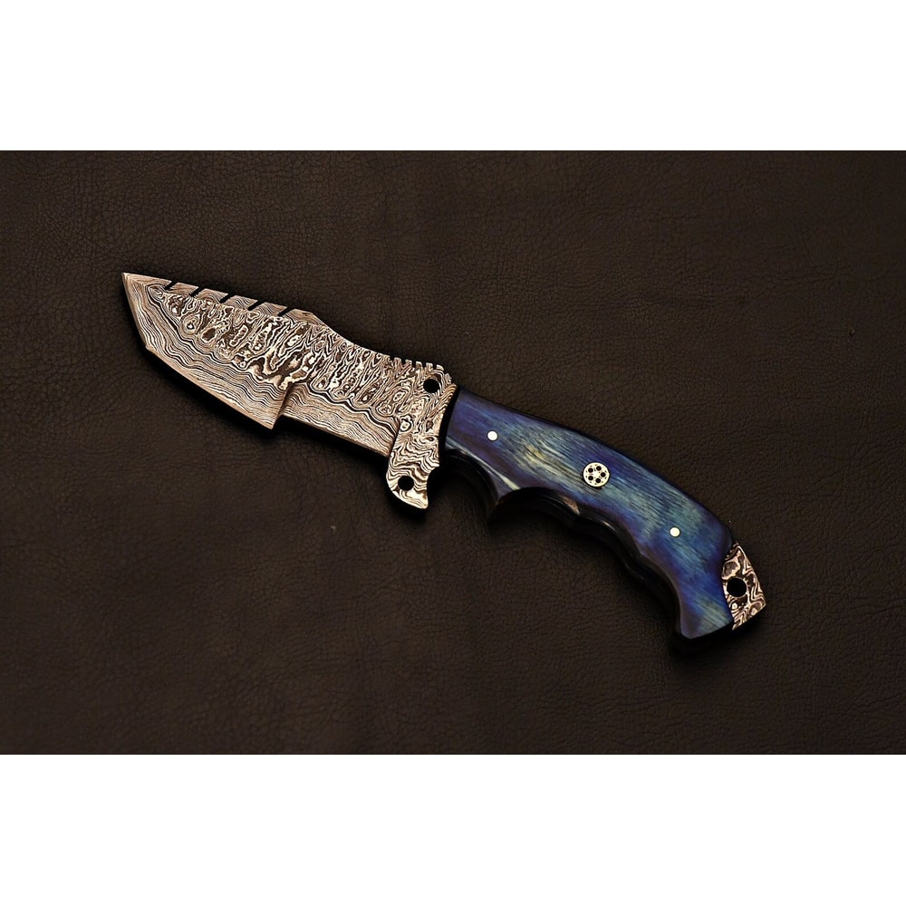 Premium Damascus Steel Field Knife Handcrafted Blue Wood Handle 0