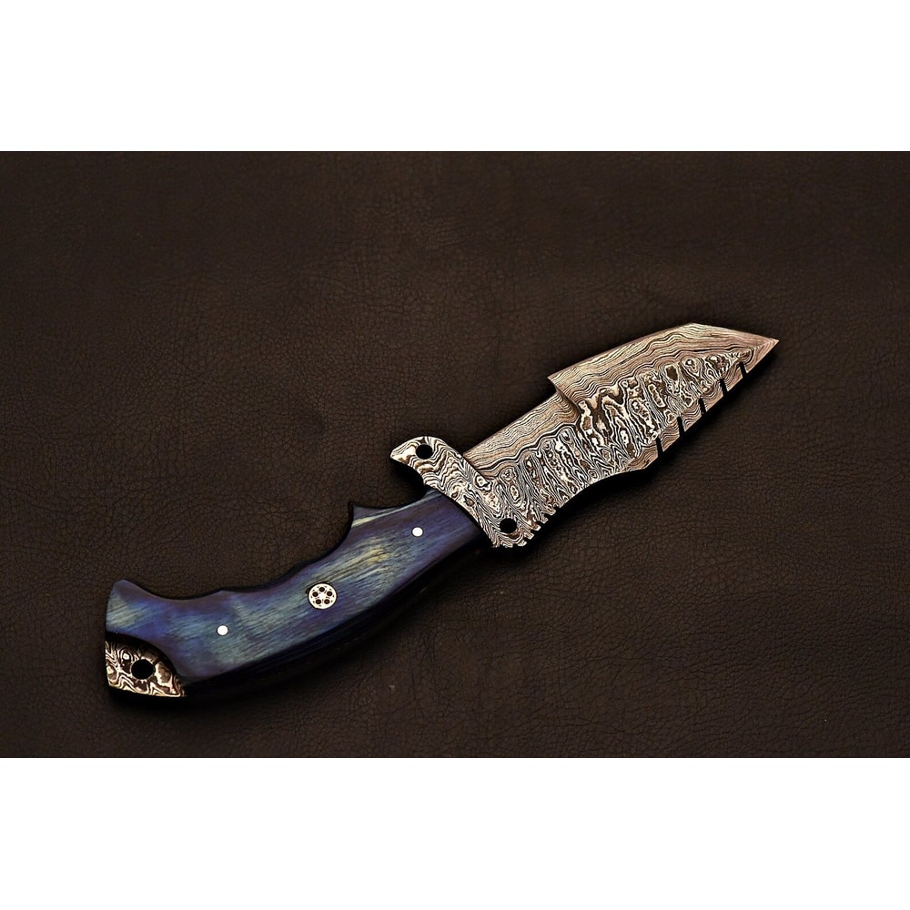 Premium Damascus Steel Field Knife Handcrafted Blue Wood Handle 1