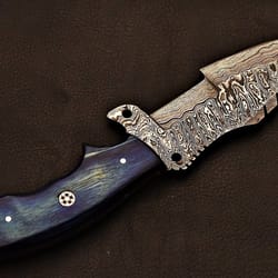 premium damascus steel field knife | handcrafted blue wood handle