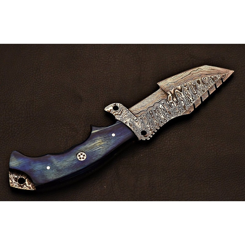 Premium Damascus Steel Field Knife Handcrafted Blue Wood Handle 5