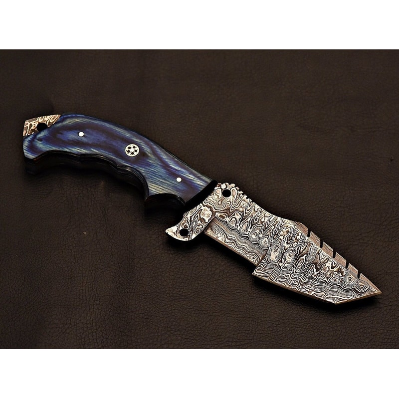 Premium Damascus Steel Field Knife Handcrafted Blue Wood Handle 6