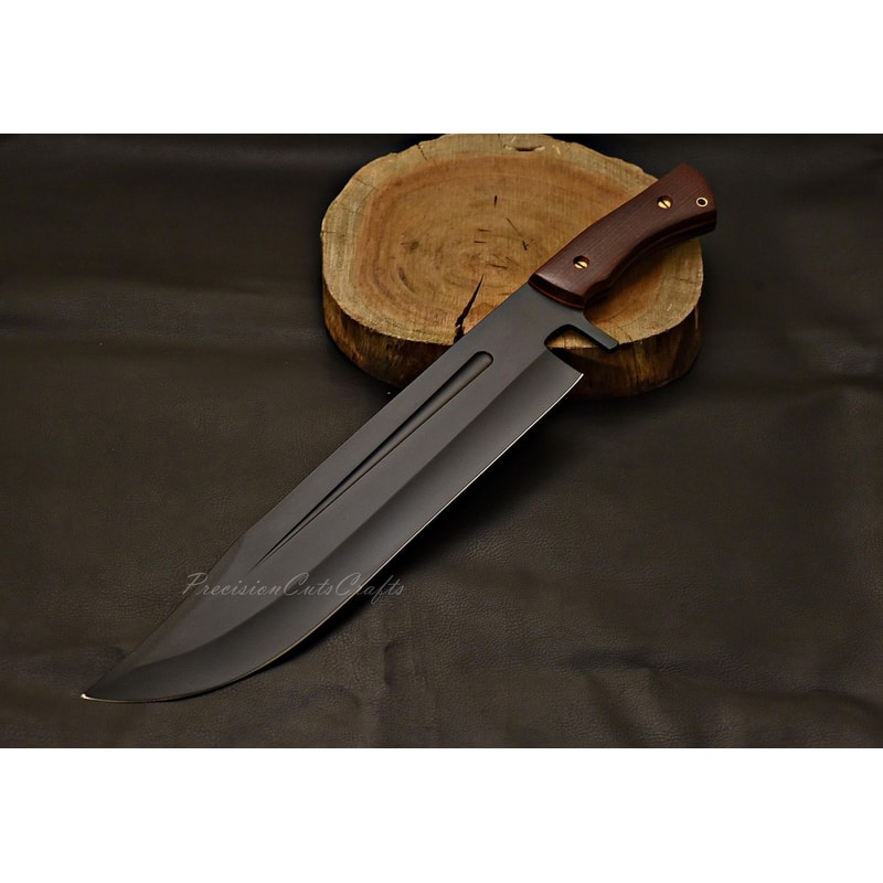German Steel Bowie Knife Black Powder Coated Blade With Leather Sheath Survival Gear Setups 0
