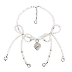 Pearl choker bows necklace with steel heart pendant