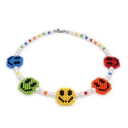 Rainbow Necklace of Shell Pearl beads and smiley faces handmade of bright Czech beads