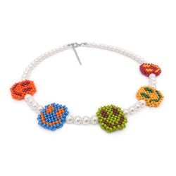 unisex necklace of shell pearl beads and smiley faces handmade of bright czech beads autumn colors