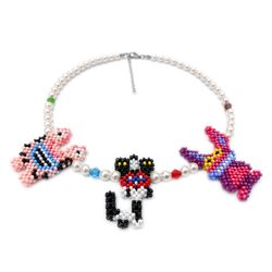 Ah Real Monsters Necklace of Shell Pearl beads, Austrian crystals imit and characters handmade of bright Czech beads