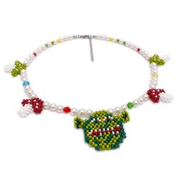 Shrek Necklace of Shell Pearl beads, Austrian crystals imit, ogre and mushrooms handmade of Czech beads
