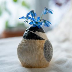 Ceramic Black-capped Chickadee Bird Cute Vase, Whimsical Bird Lover's Gift, Small Bird Vase Perfect for Bud Flowers
