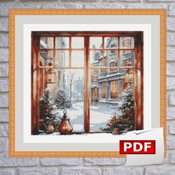 christmas window design6, cross stitch pdf pattern, modern cross stitch chart, hand embroidery,winter cross stitch