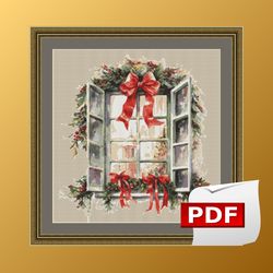 christmas window design cross stitch pdf pattern, modern cross stitch chart, hand embroidery,winter cross stitch