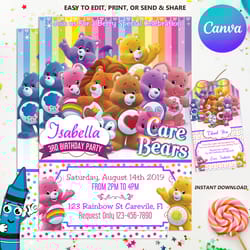 editable care bears birthday invitation, birthday party invitation, party invitation, care bears invitation card, birthd