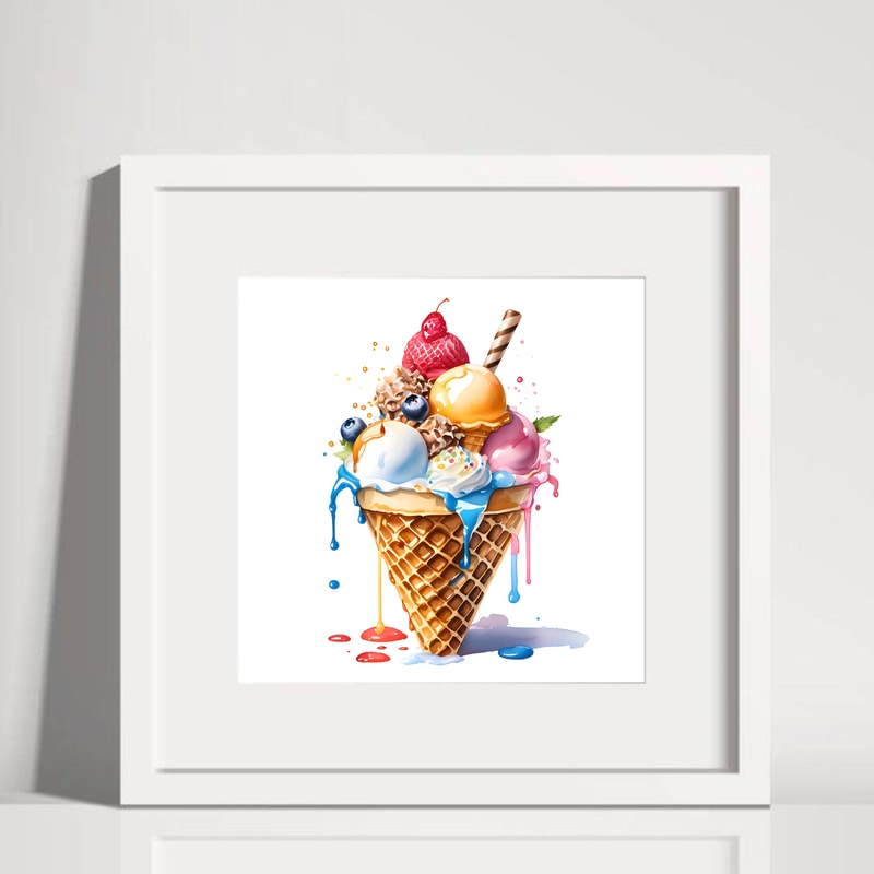 Ice Cream In A Waffle Cone With Caramel And Berries Watercolor Digital Art 1