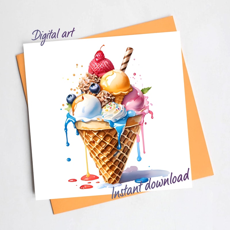 Ice Cream In A Waffle Cone With Caramel And Berries Watercolor Digital Art 0