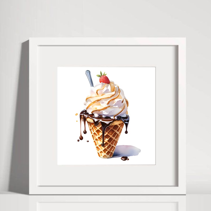 Ice Cream In A Waffle Cone With Strawberries And Chocolate Topping Watercolor Digital Art 1