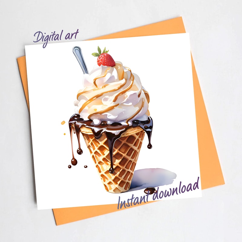 Ice Cream In A Waffle Cone With Strawberries And Chocolate Topping Watercolor Digital Art 0