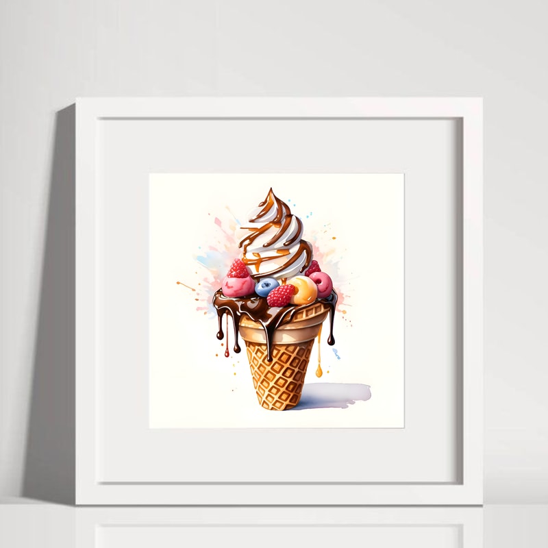 Ice Cream In A Waffle Cone With Caramelchocolate Topping And Berries Watercolor Digital Art 1