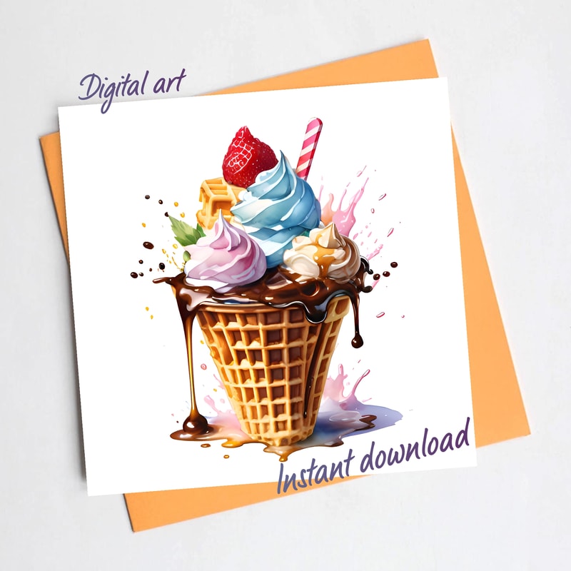 Ice Cream In A Waffle Cone With Strawberries And Chocolate Topping Watercolor Digital Art 0