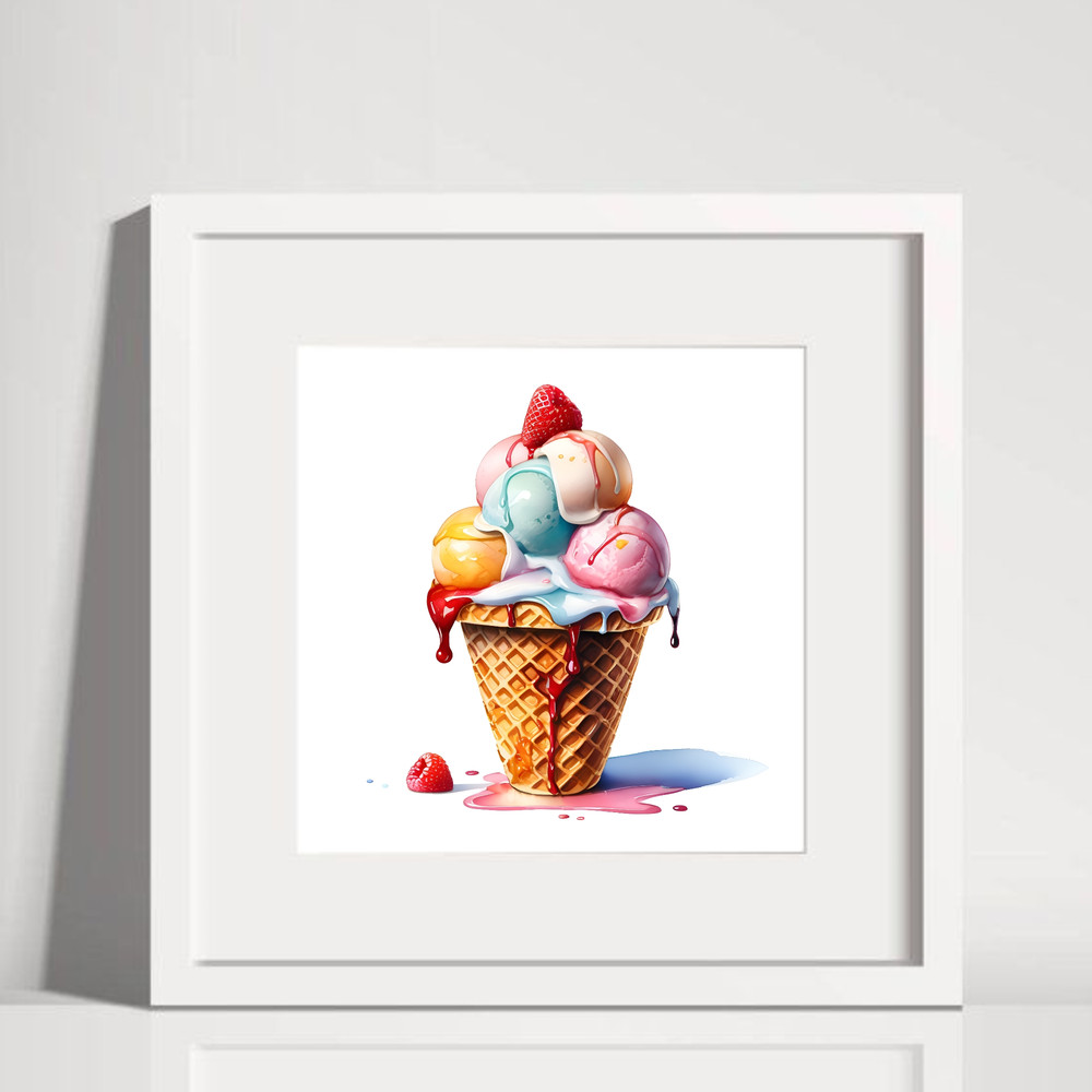 Ice Cream In A Waffle Cone With Berry Jam Watercolor Digital Art 1