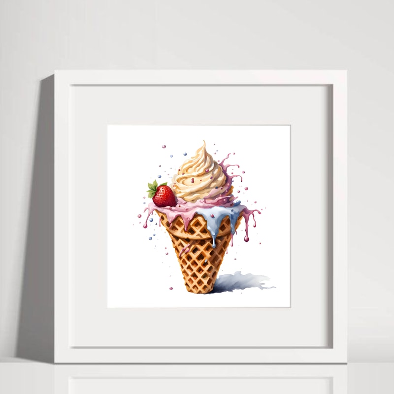 Ice Cream In A Waffle Cone With Strawberries And Vanilla Cream Watercolor Digital Art 1