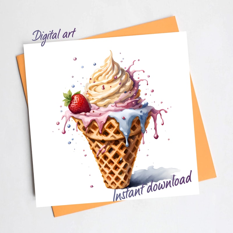 Ice Cream In A Waffle Cone With Strawberries And Vanilla Cream Watercolor Digital Art 0