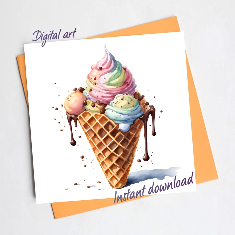 Ice Cream In A Waffle Cone With Caramelvanilla Cream Watercolor Digital Art 0