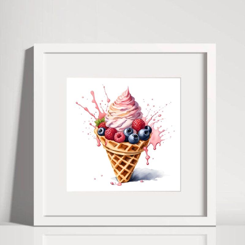 Ice Cream In A Waffle Cone With Raspberries And Blueberries Watercolor Digital Art 1