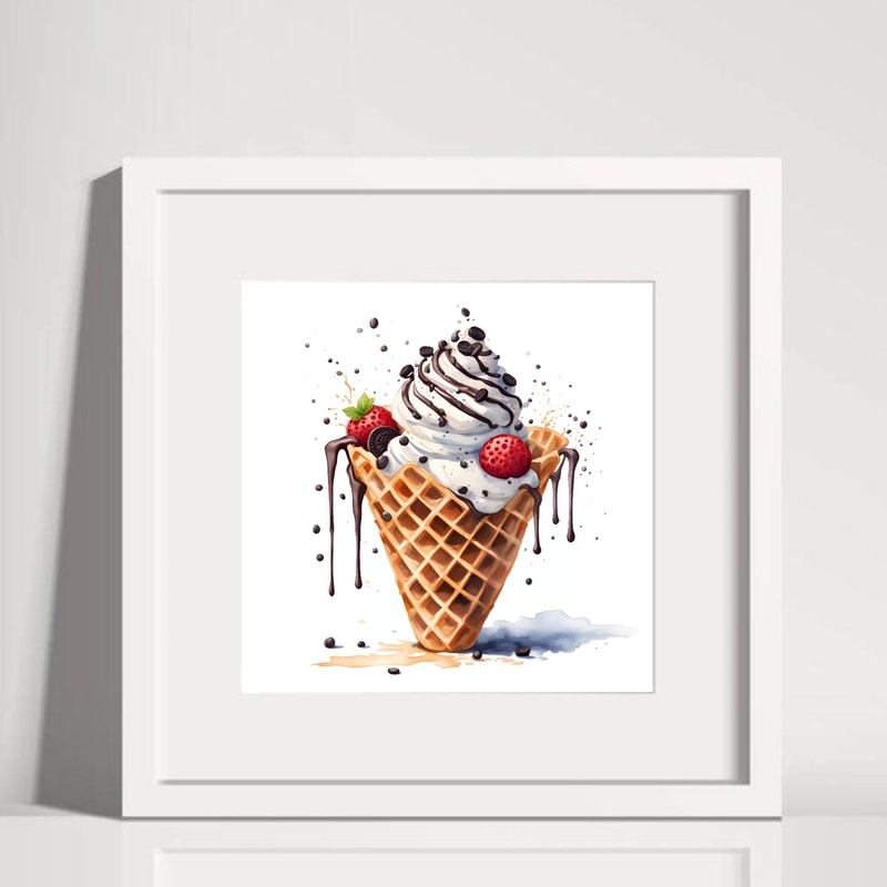 Ice Cream In A Waffle Cone With Strawberry Chocolate Chip Cookies Watercolor Digital Art 1