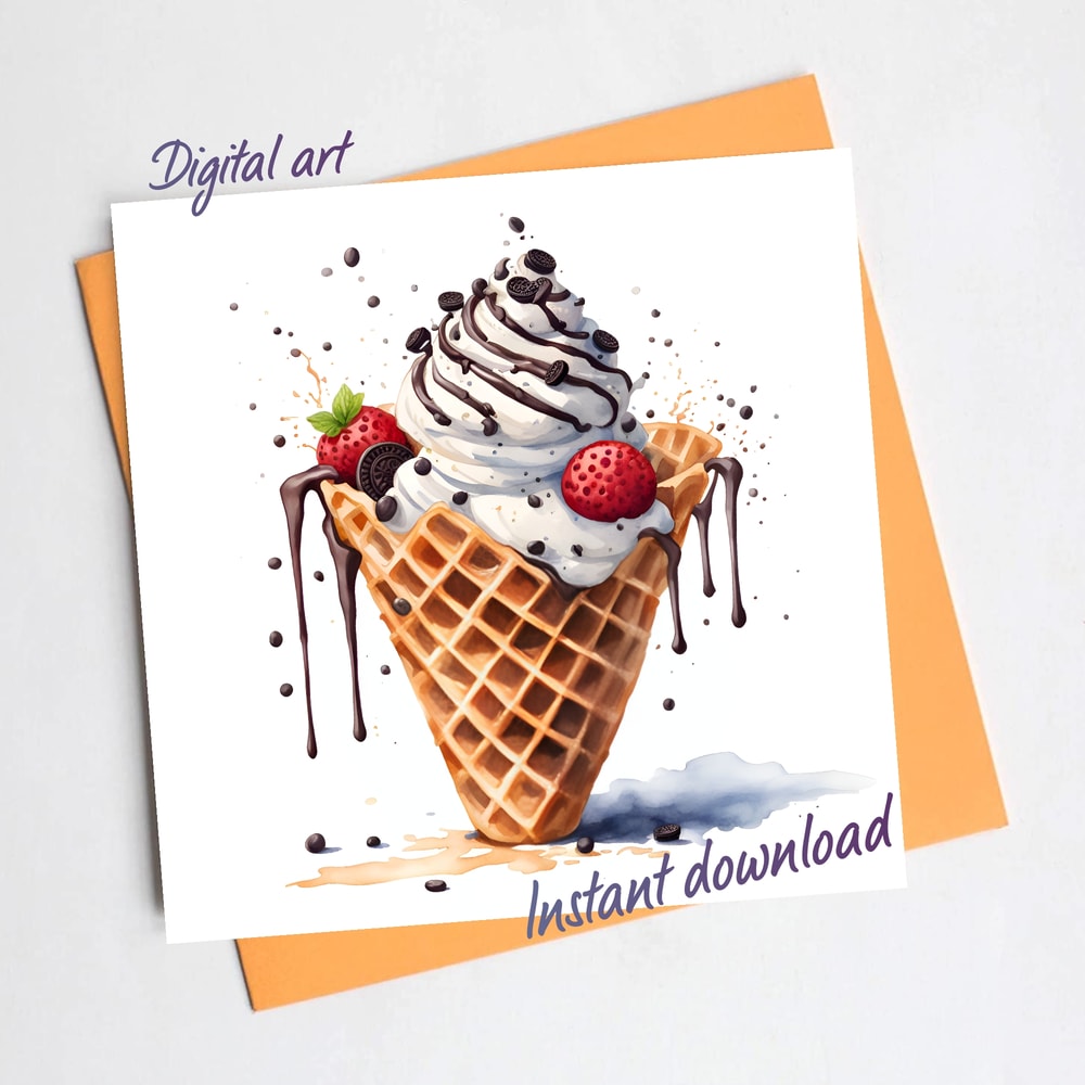 Ice Cream In A Waffle Cone With Strawberry Chocolate Chip Cookies Watercolor Digital Art 0