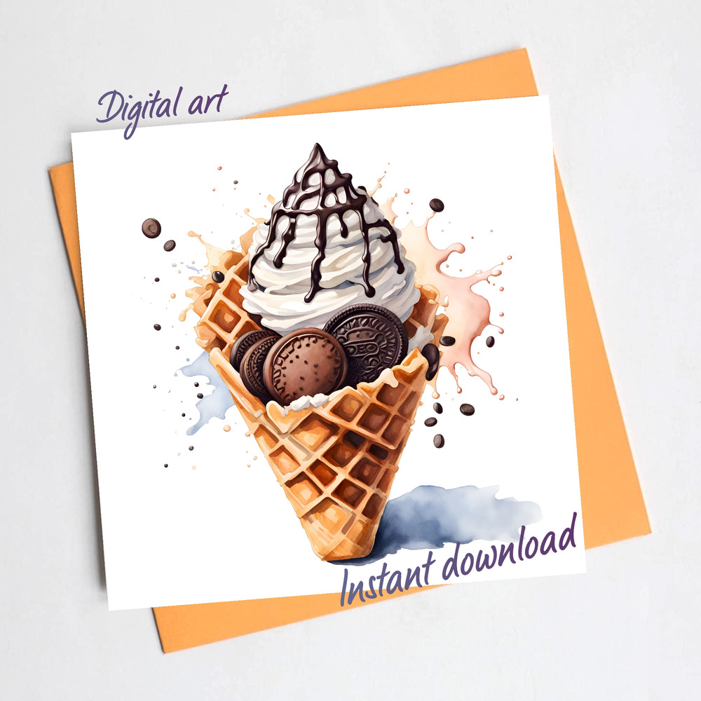 Ice Cream In A Waffle Cone With Cookies And Chocolate Topping Watercolor Digital Art 0