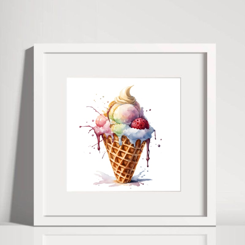 Ice Cream In A Waffle Cone With Strawberrycaramel Cream Watercolor Digital Art 1