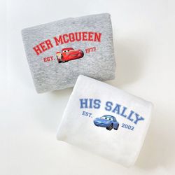 her mcqueen and his sally sweatshirts, cars mcqueen x sally couple, trending crewneck, valentines couple shirt