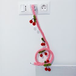 crochet phone charger tube with cherry, 1m, phone cable cover, cable protector , cord cover, cable sleeve, cord organize