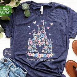 disney castle floral shirt, happiest place on earth shirt, vintage disney shirt, magic kingdom shirt, mouse ears t-shirt