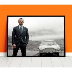 daniel craig poster print, vintage james bond movie canvas wall art, black and white photo