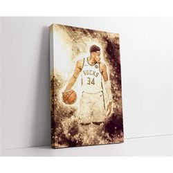 giannis antetokounmpo poster, greek freak print, nba milwaukee bucks canvas wall art, basketball poster