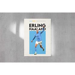 erling haaland poster, manchester city footballer, soccer poster, minimalist, mid-century modern, office wall art, bedro