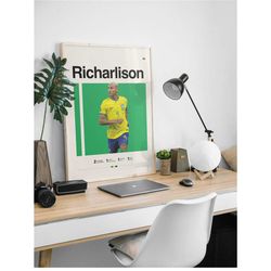 richarlison poster, world cup art, brazil football, soccer poster, minimalist, mid-century modern, sports wall art, bedr