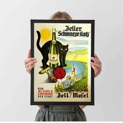 zeller schwarze katz wine zeller black cat vintage poster, autumn home decor, a4 a3 a2 a1, wall decor, christmas gift